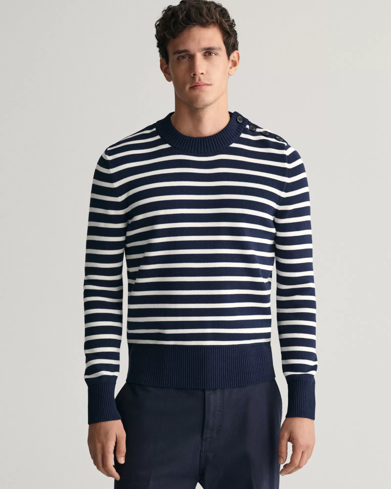 GANT Breton Striped Shiny Cotton Crew Neck Sweater | Stickat