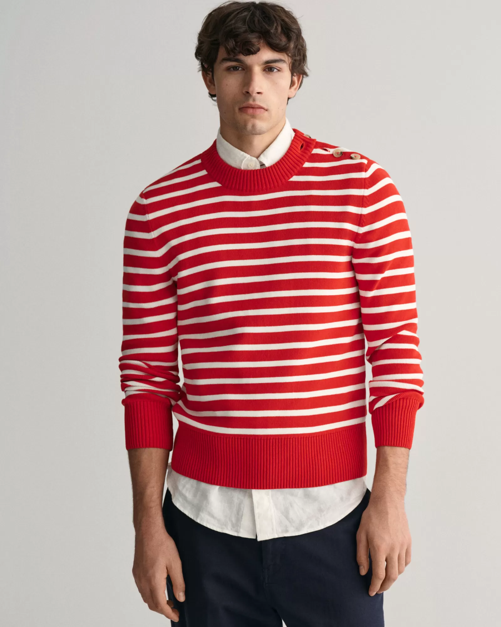 GANT Breton Striped Shiny Cotton Crew Neck Sweater | Stickat