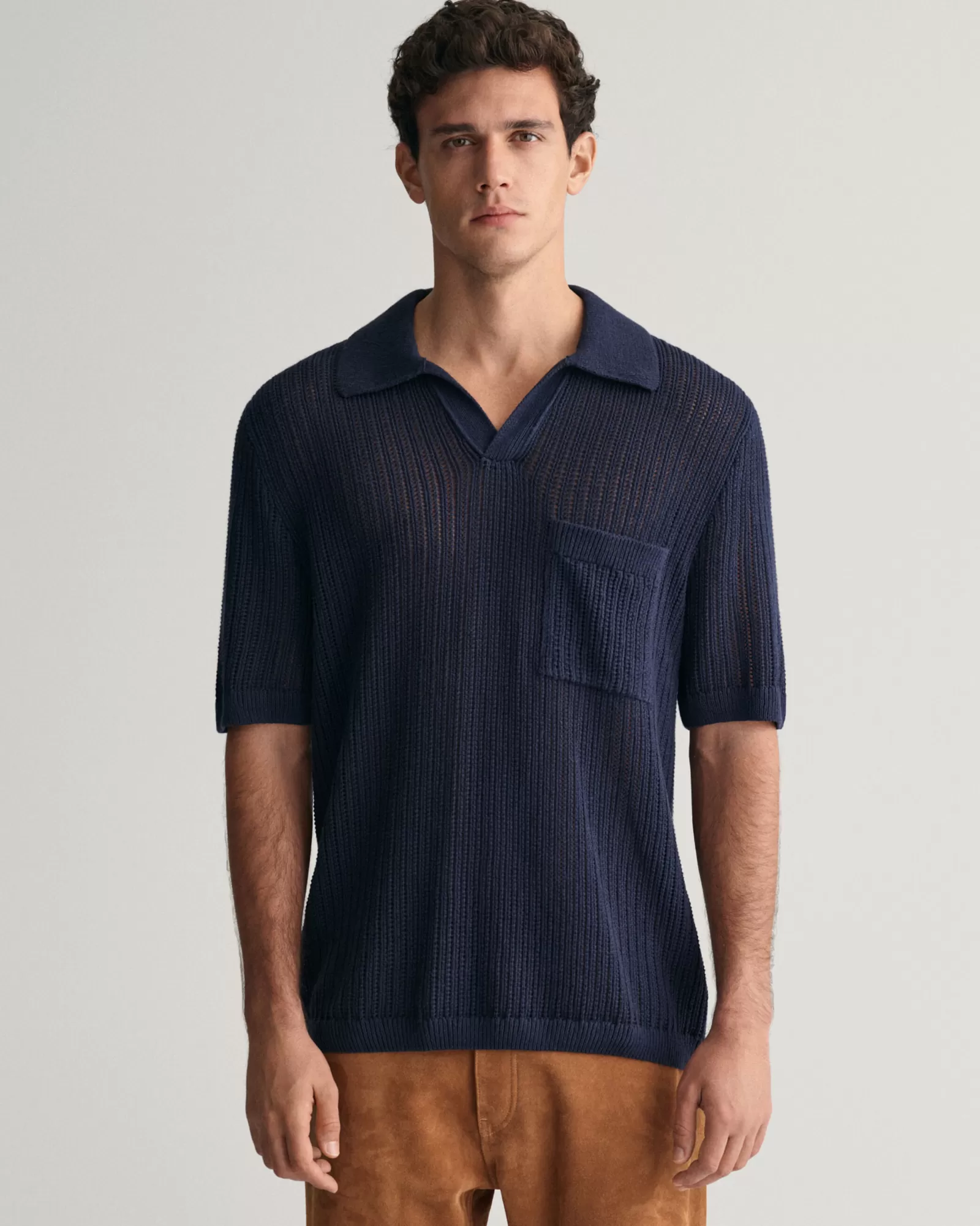 GANT Ribbed Linen Blend Short Sleeve Polo Sweater | Stickat | Pikéer