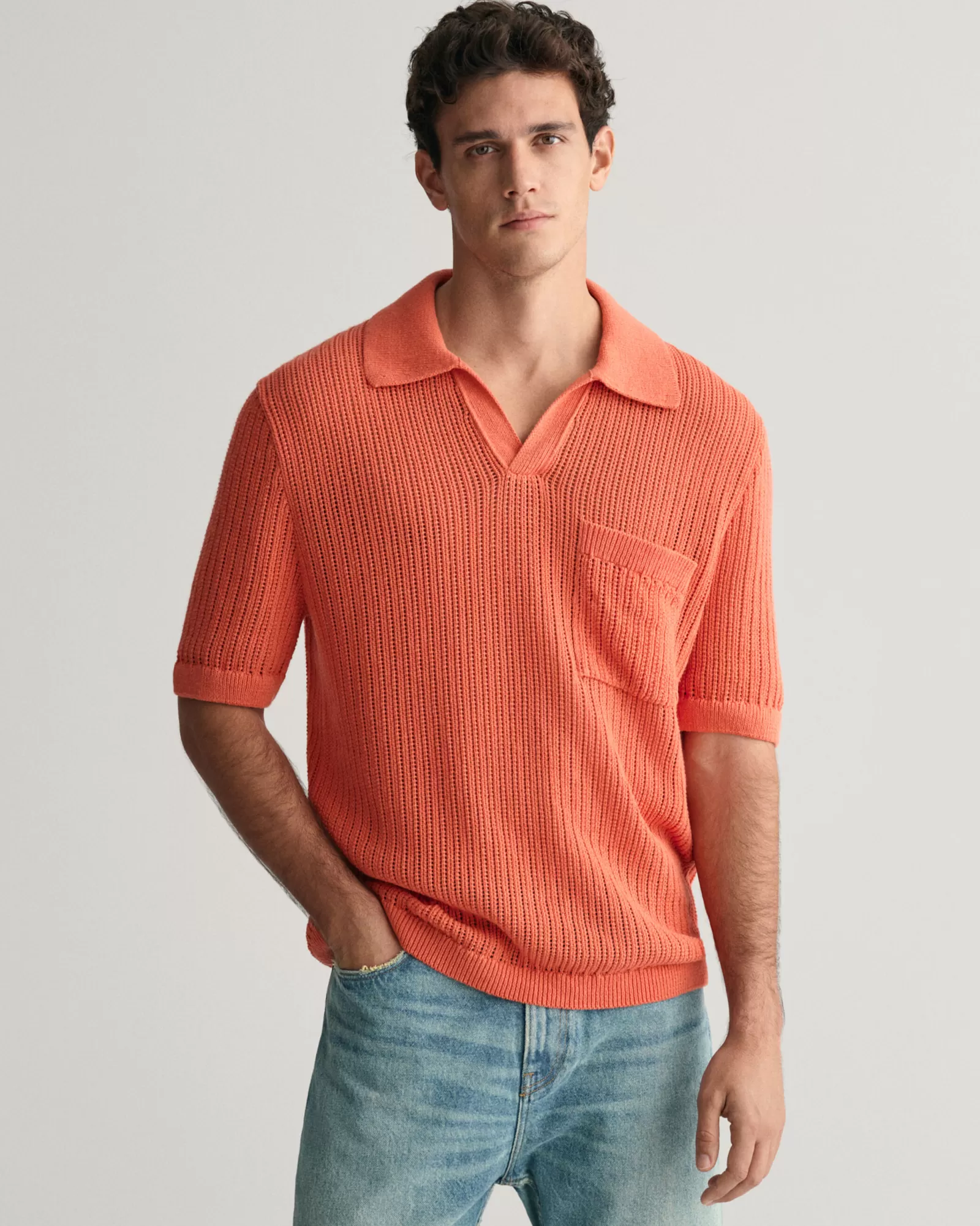 GANT Ribbed Linen Blend Short Sleeve Polo Sweater | Stickat | Pikéer