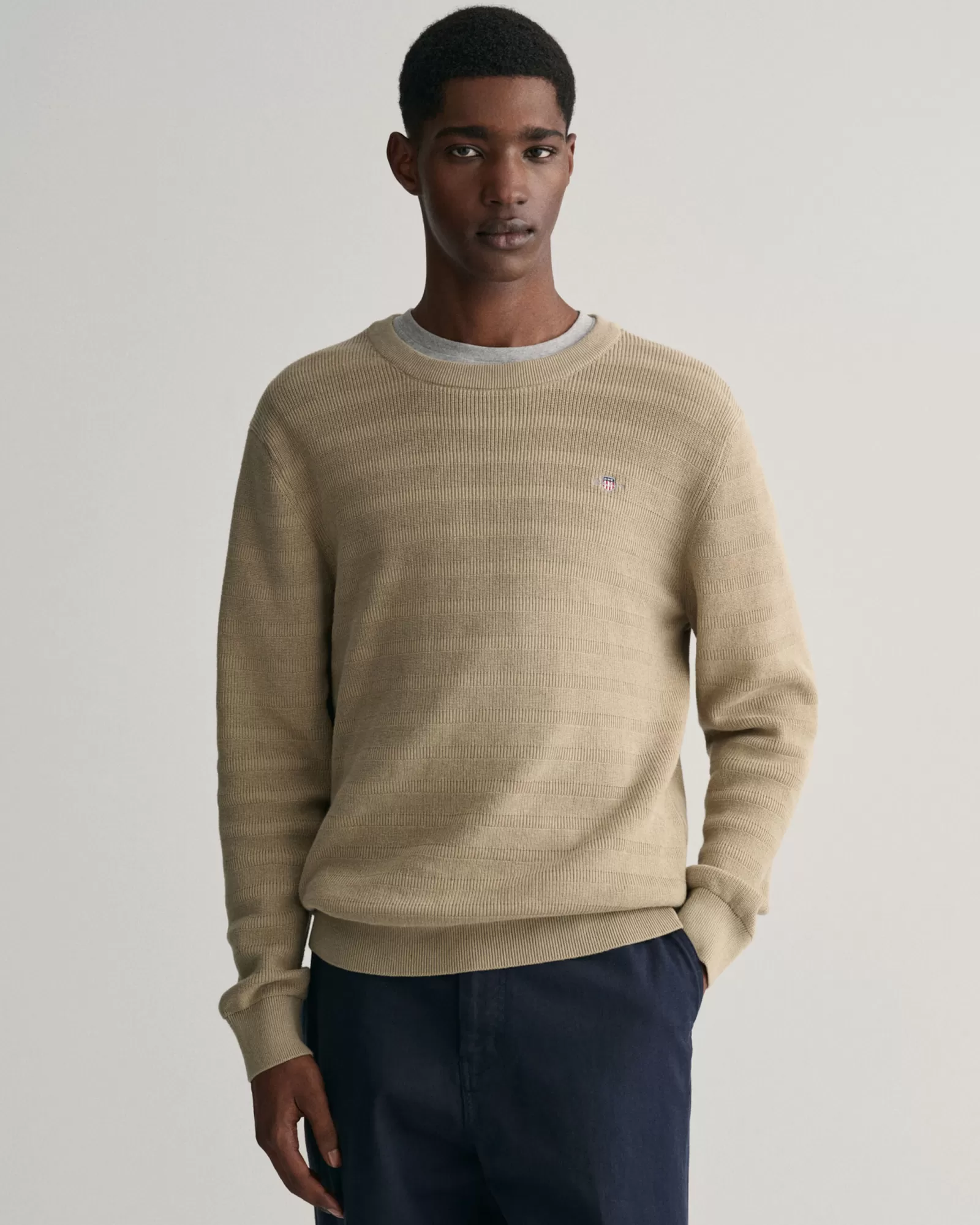 GANT Striped Textured Cotton Crew Neck Sweater | Stickat