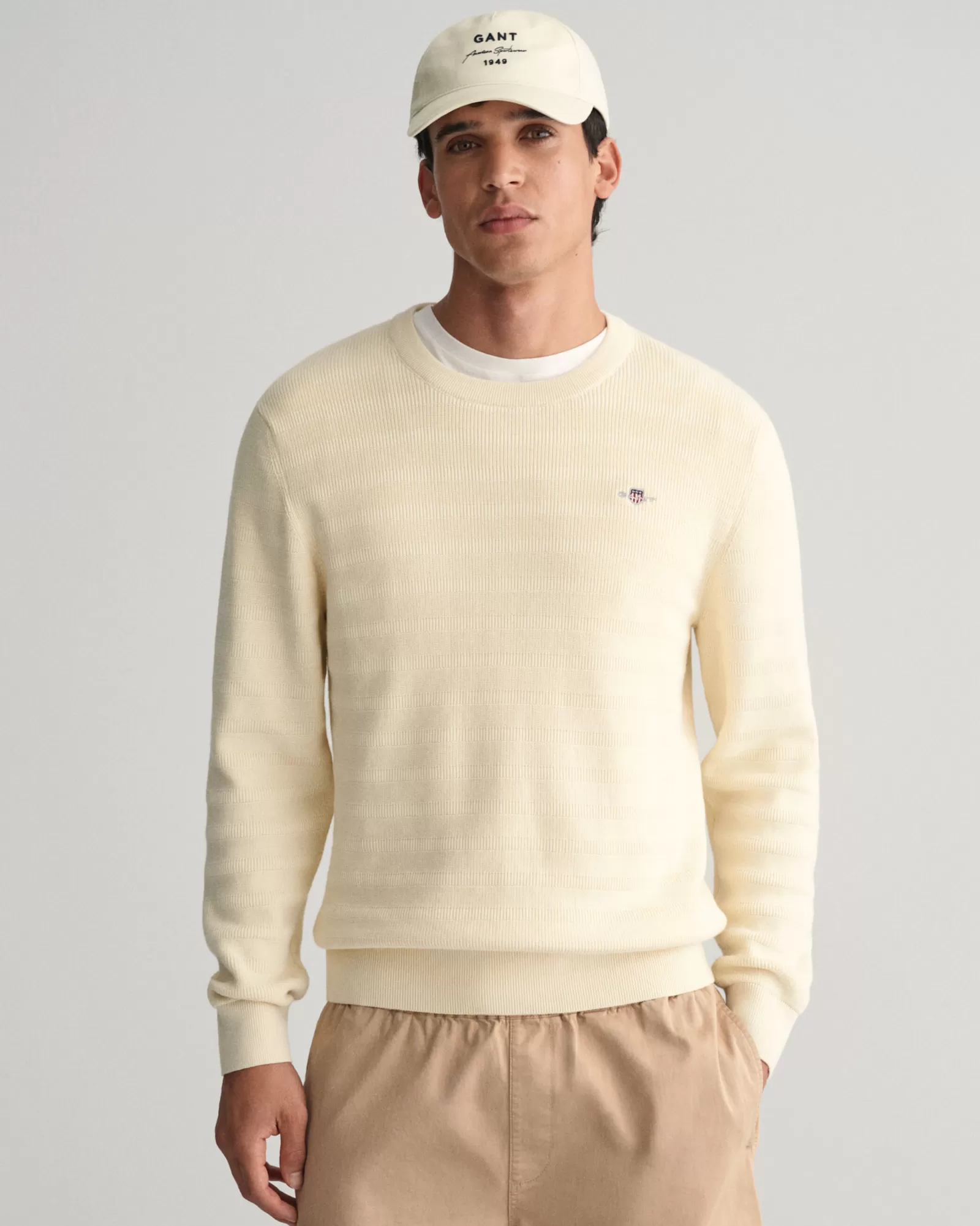 GANT Striped Textured Cotton Crew Neck Sweater | Stickat