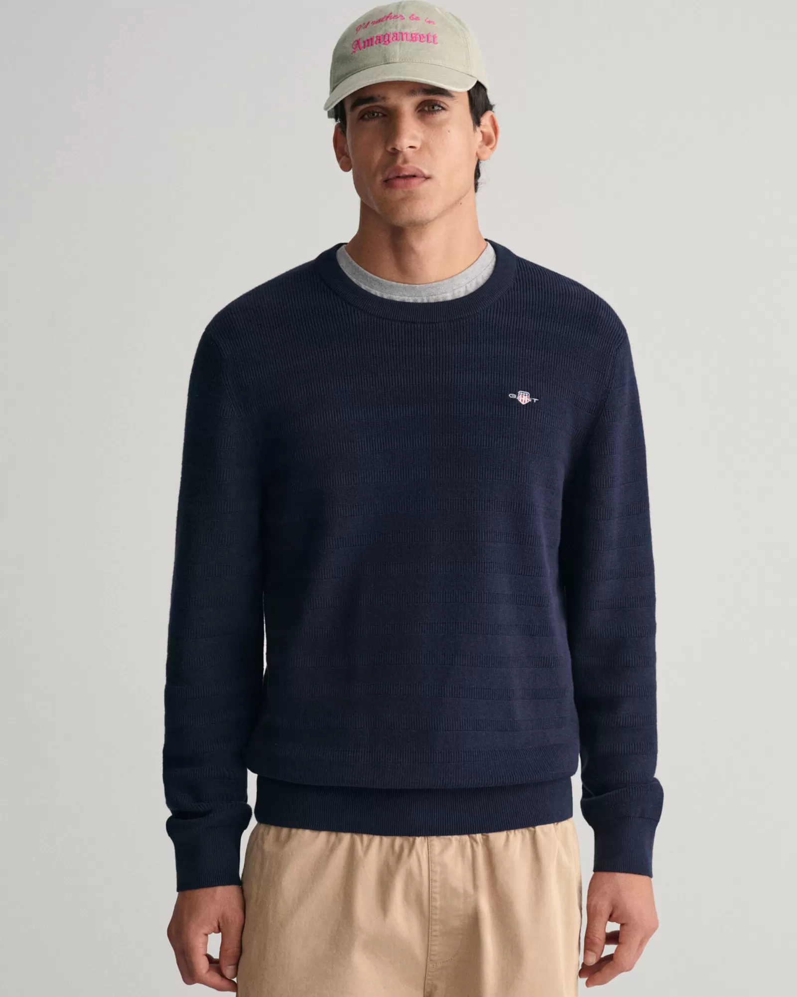 GANT Striped Textured Cotton Crew Neck Sweater | Stickat