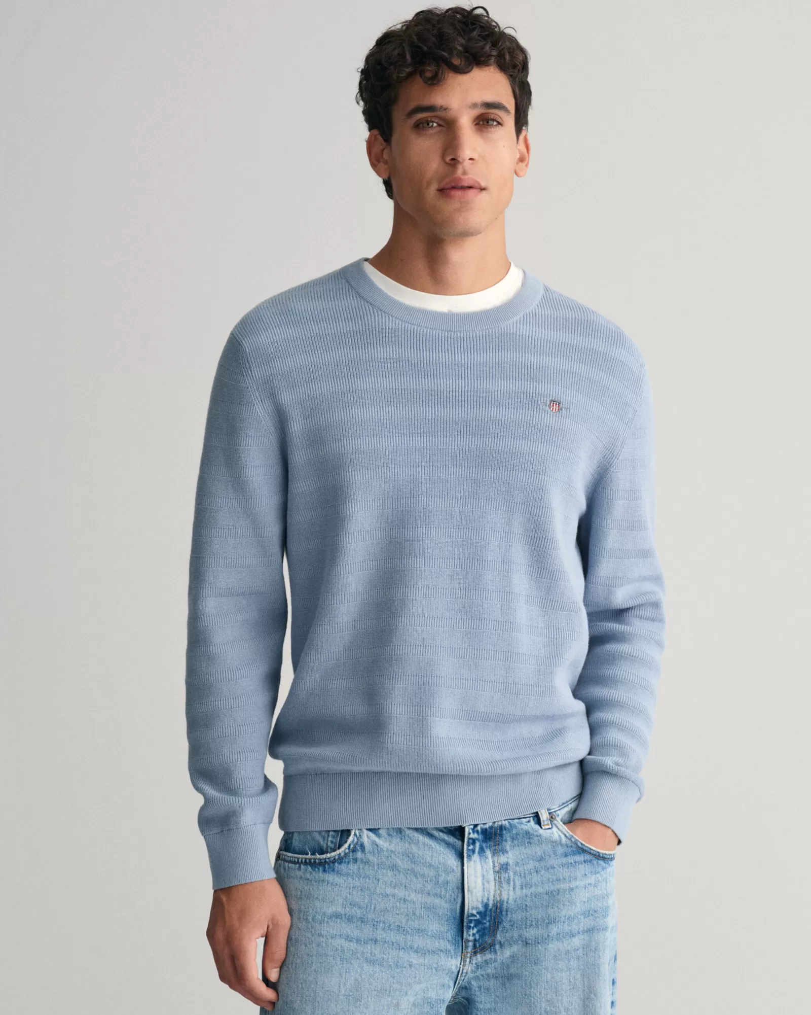 GANT Striped Textured Cotton Crew Neck Sweater | Stickat