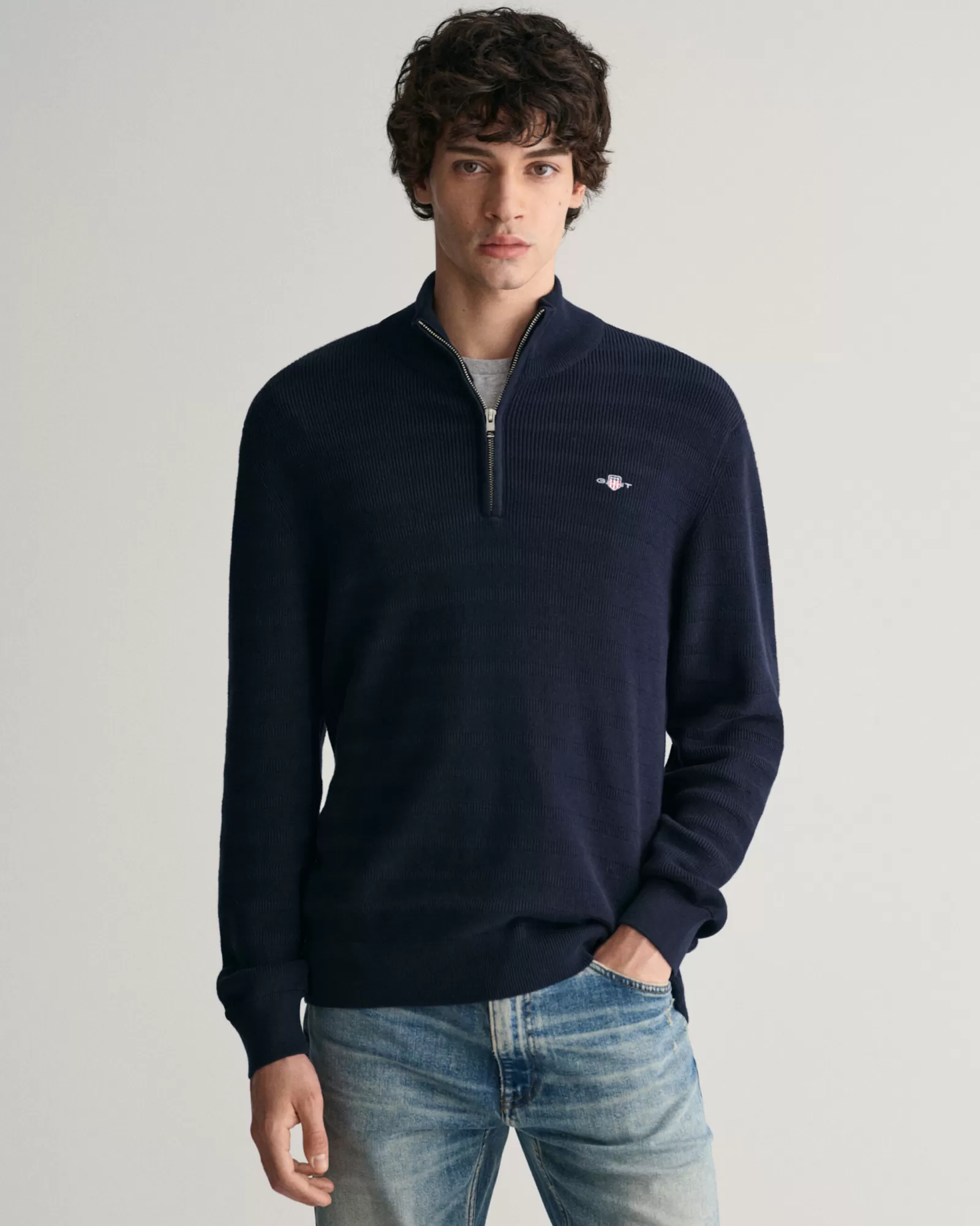 GANT Striped Textured Cotton Half-Zip Sweater | Stickat