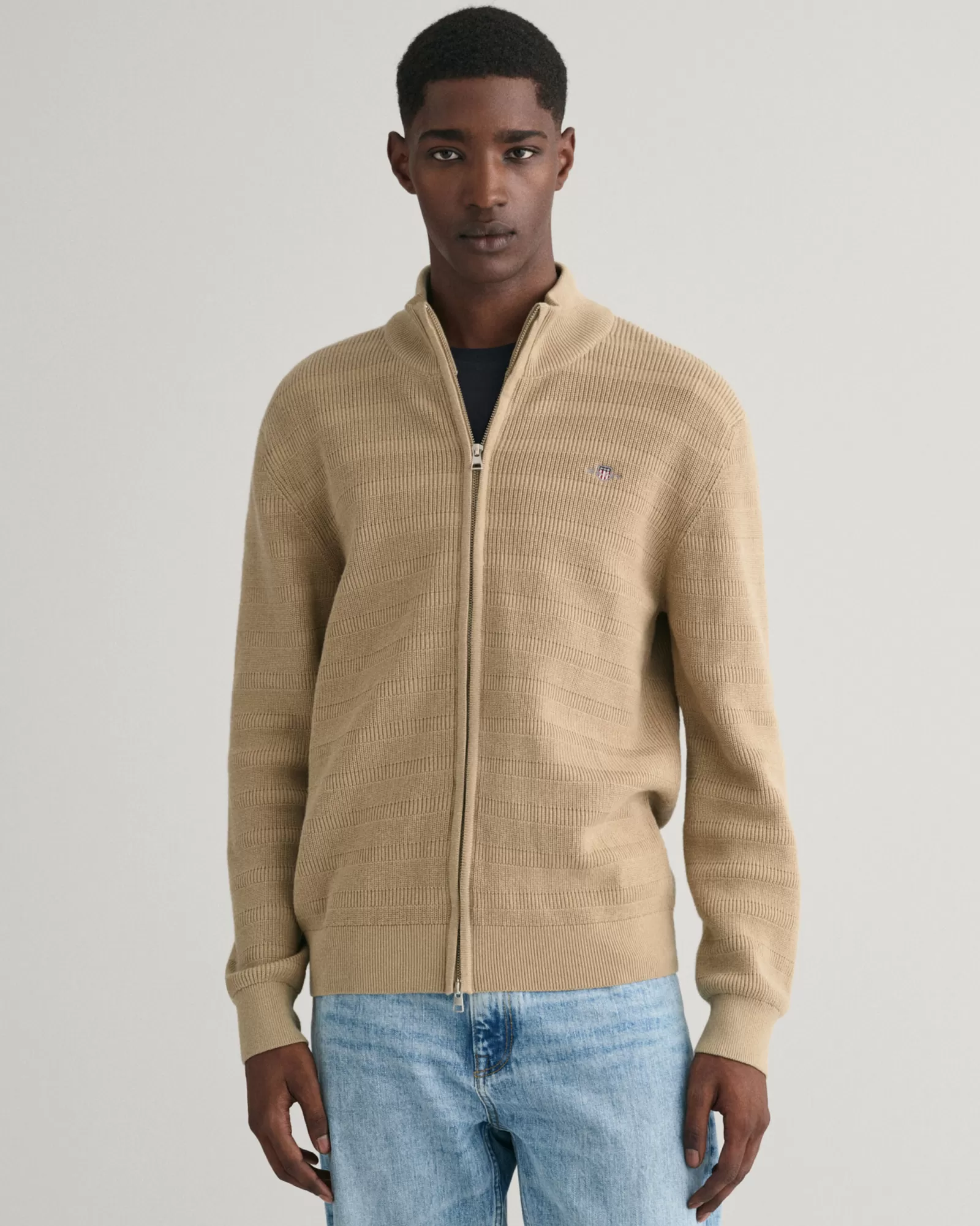 GANT Striped Textured Cotton Zip Cardigan | Stickat