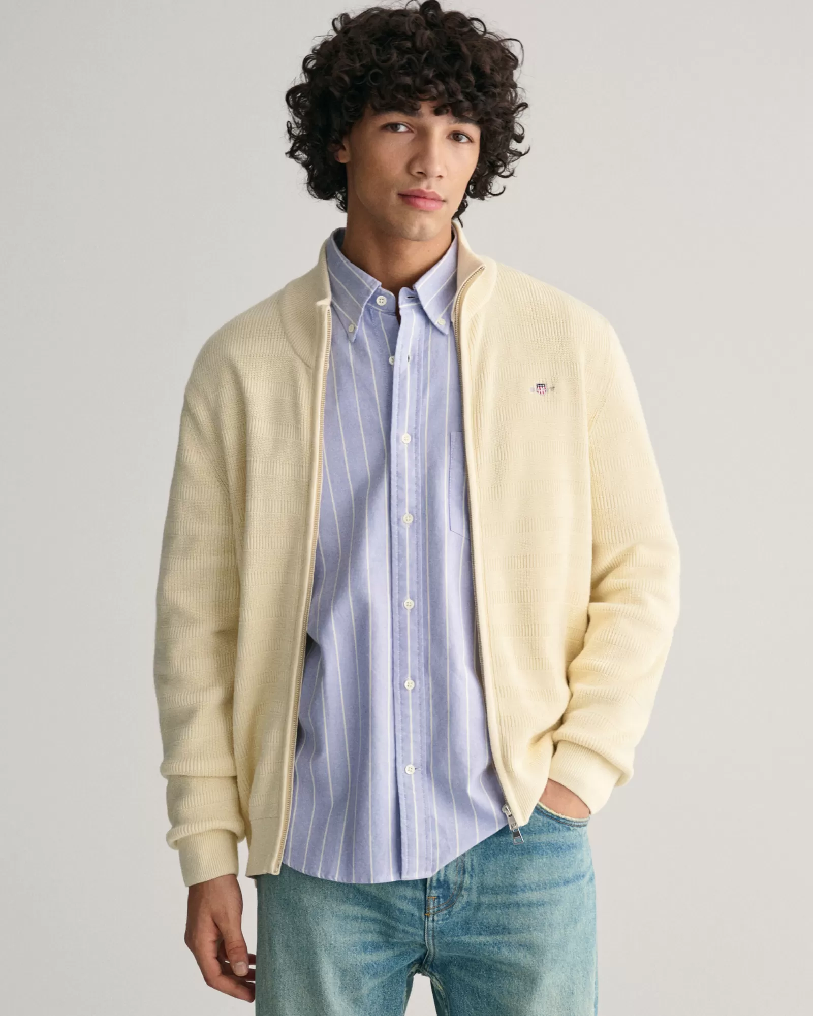 GANT Striped Textured Cotton Zip Cardigan | Stickat