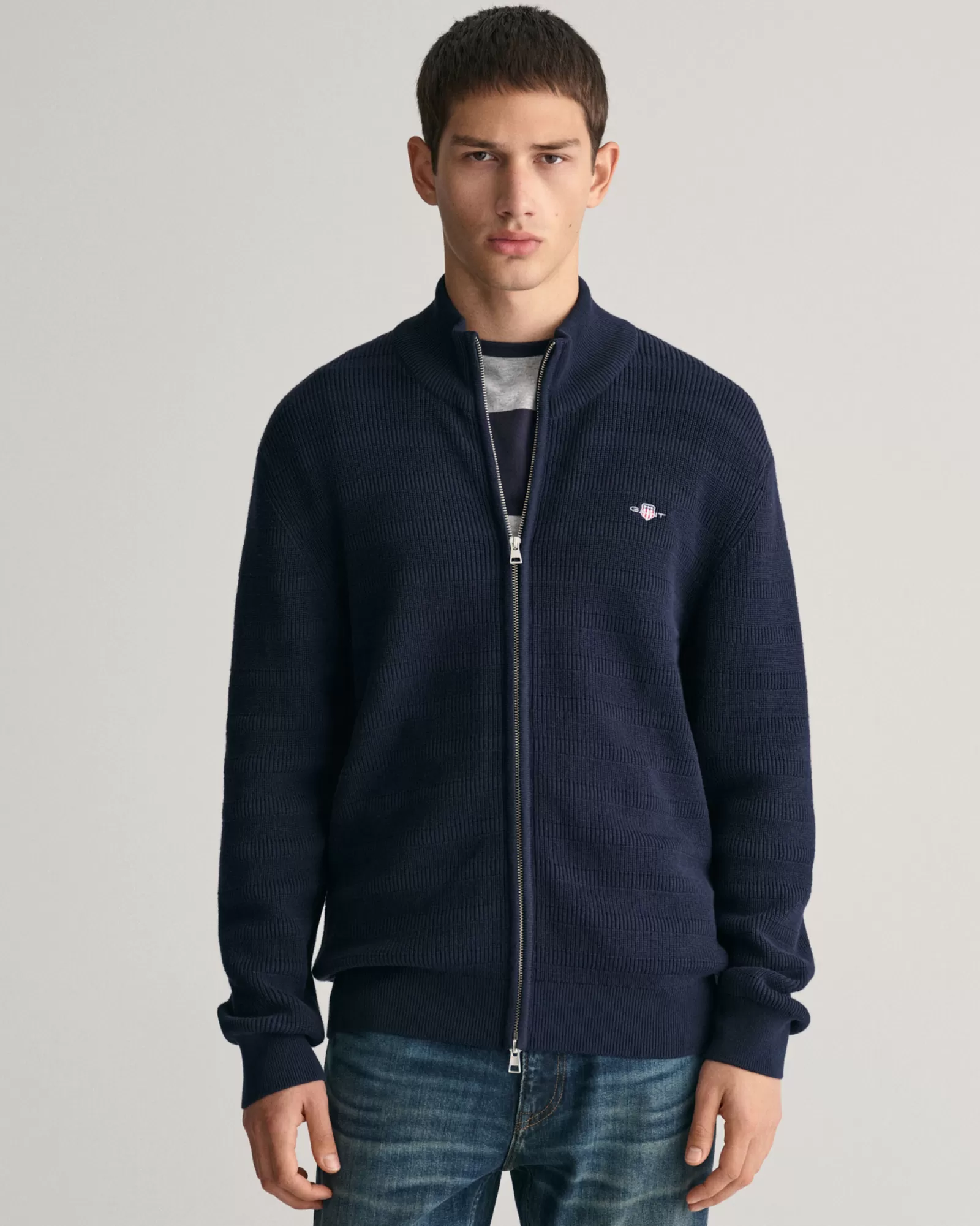 GANT Striped Textured Cotton Zip Cardigan | Stickat